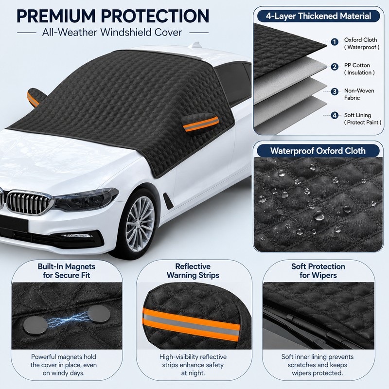 Magnetic Windshield Cover for Ice & Snow – 4-Layer Oxford