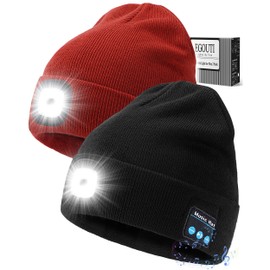 Bluetooth Beanie Hat with Light for Men 2 Pack, LED Beanie with Light Built in Unisex USB Rechargeable, Headlamp Cap with Wireless Headphones Built-in Speaker Mic Gifts for Men Dad Teen (Black+Orange)