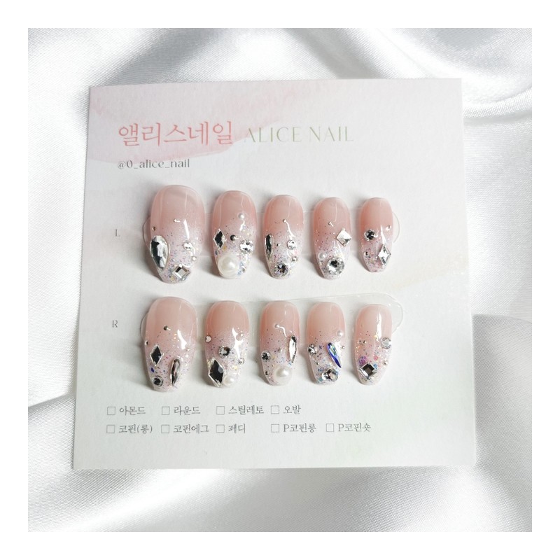 [Handmade Nail Tips] Stone Gradient Wedding Nails - Coffin Egg