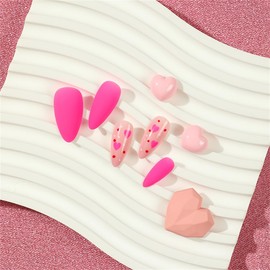 KTAABTR 24Pcs Valentines Nails Press on Nails Long Almond Shape Nails Heart Fake Nails with Glue Rose Red Matte Acrylic Nails Design Valentines Heart False Nails Stick on Nails for Women Girls