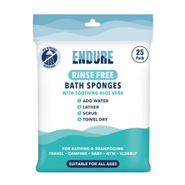 Endure Rinse Free Bath Shower Sponge - Body Wash Wipes for Bathing - Perfect for Camping, Festivals, Gym and Travel - Dry Sponge Wipes with Gentle Cleansing Soap. Just add Water (25 Per Pack).