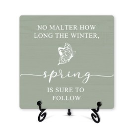 Spring Desk Decor, No Matter How Long The Winter Spring Is Sure To Follow Wood Sign With Iron Stand, Butterfly Wooden Plaque, Spring Gifts For Family Friends, Spring Decor For Farmhouse Home -63