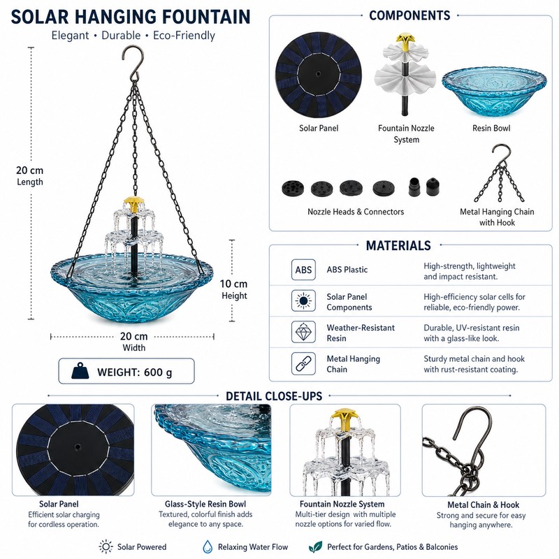 Hanging Solar Bird Bath Fountain for Garden Decor – 3-Tier