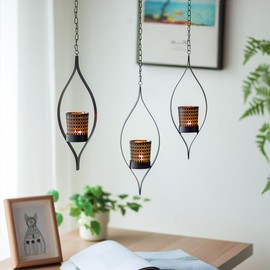 Romadedi Modern Hanging Candle Holder Patio Decor - Set of 3 Black Tea Light Lantern Metal Unique Honeycomb Design Glass TeaLights for Wall Decoratons Living Room Garden Window