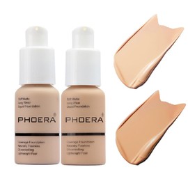 2 Pack PHOERA Foundation 102# Nude and 104# Buff Beige,Full Coverage Flawless Soft Matte 24 HR Oil Control Waterproof Concealer Liquid Foundation Makeup. ﻿