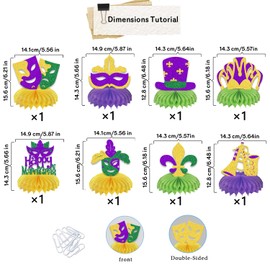 8Pcs Happy Mardi Gras Centerpiece Honeycomb Mardi Gras Birthday Table Decoration Mardi Gras Centerpieces for Tables Gold Green Purple Glitter