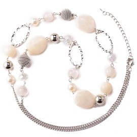 BULINLIN Beaded Long Necklace for Women Silver Sweater Chain Necklace with Crystal Resin Beads, Fashion Jewelry Necklace(White)