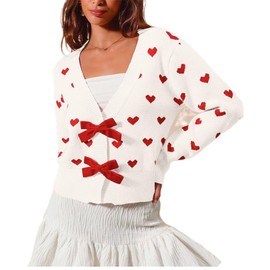 Galentine's Day Cat Bow Tie Cardigan Sweater Cute Love Heart Print Crop Cardigans Bowknot Long Sleeve Sweater Shirts for Women