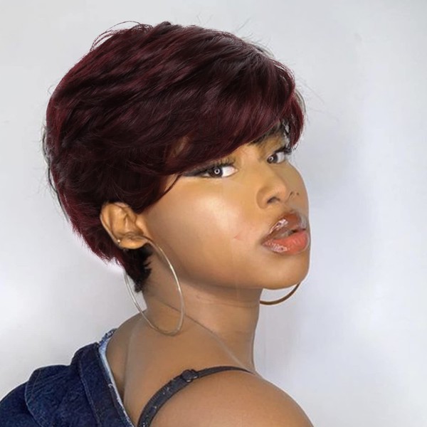 Queentas Real Hair Wig Women's Pixie Wigs Short Red Women Real Hair Wig (#9