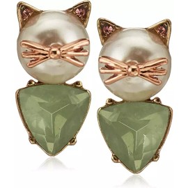 Betsey Johnson Cat Stud Earrings | Pearl Cat Face | Delicate Stone Accents