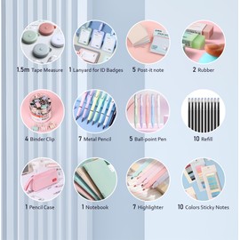 RHUIOKJLDF 45PCS Morandi Color School Supplies Set with Notebook, Gel Ink Rollerball Pens, Pencil Cas, ID Badge Holder, fluorescent pens,Pencil, Erasers, Clip, tape measure, pen core