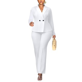 Kafiloe Women Double Breasted Blazer Pants Suit 2 Piece Outfits Casual Long Sleeve Blazer Set for Work Business White XL