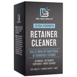 Extra Strength Retainer Cleaner Tablets - 120 Mint Whitening Cleanser for Dentures, Retainers, Aligners & Mouth Guards - Kills 99% of Bacteria & Removes Stains