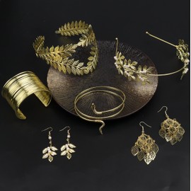 Kakonia Grecian Goddess Costume Accessories Set for Women Golden Laurel Leaf Crown Headband Snake Upper Arm Cuff Coil Bracelet Leaf Dangle Earrings Bridal Wedding Toga Costume Jewellery