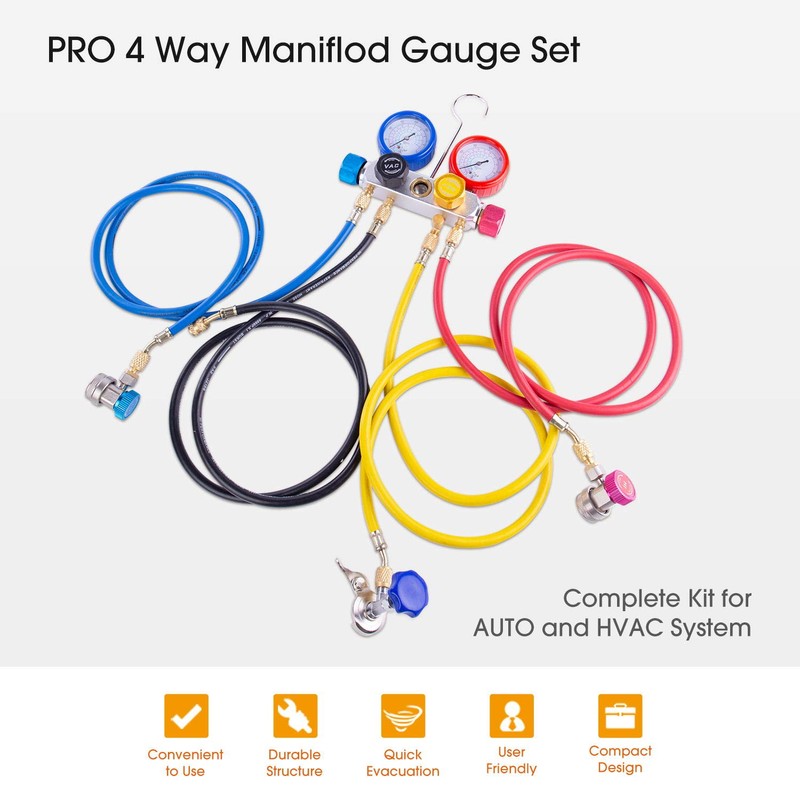 BACOENG Pro 4 Way AC Diagnostic Manifold Gauge Complete Set