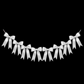 1 String of 8PCS White Bow Garland Banner Decoration,Pre-Strung Satin Ribbon Ornaments for Birthday,Bachelorette Party,Bridal Shower,Wedding, Engagement,Baby Shower,Graduation Decor,Anniversary