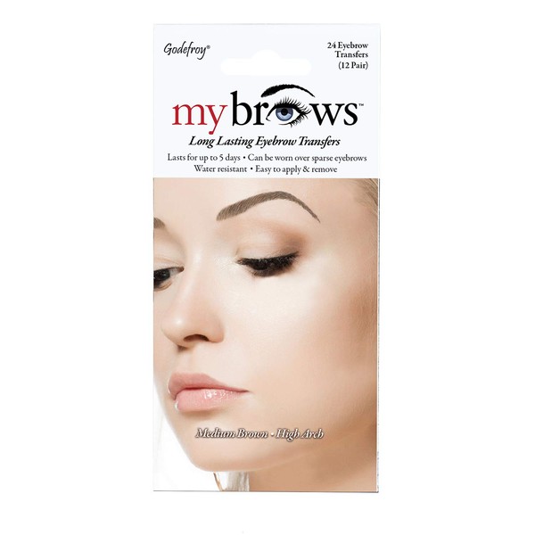 Godefroy MyBrows Long Lasting Eyebrow Transfers, High Arch, Medium Brown, 12-Pairs of Brows