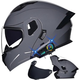 Bluetooth Motorcycle Helmet, Modular Helmet with Bluetooth, DOT Approved Dual Visor Full Face Flip Up Bluetooth Integrated Motorcycle Helmet for Adults Men and Women (Grey,X-Large)