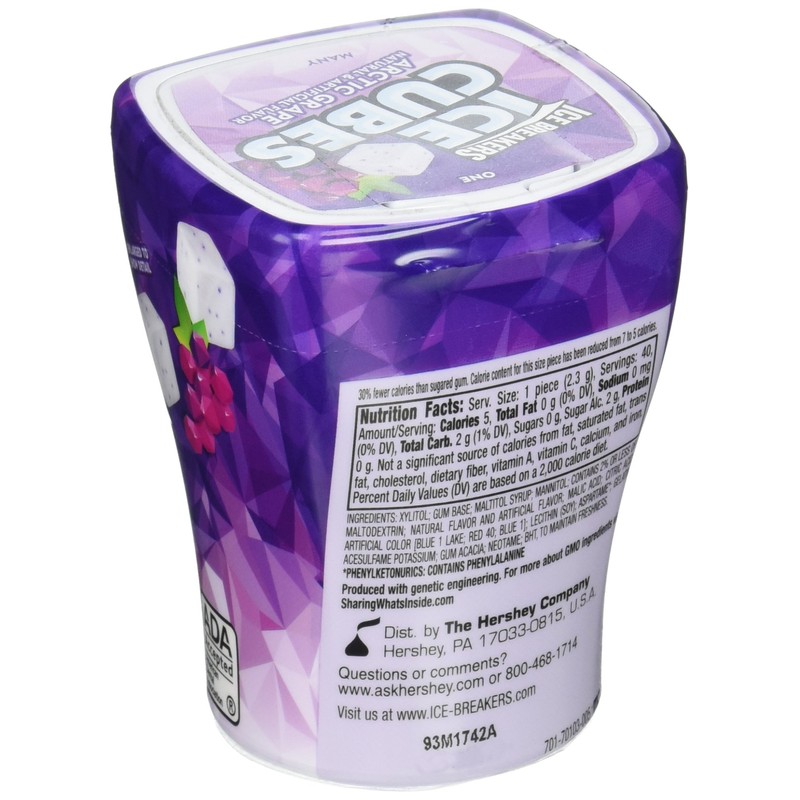 ICE BREAKERS Ice Cubes Sugar Free Gum, Artic Grape, 40