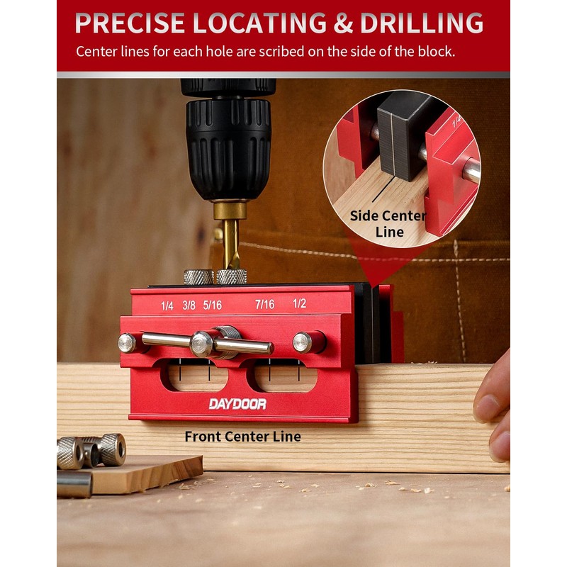 DAYDOOR 2.1" Self Centering Dowel Jig, Universal Capacity Doweling Jig