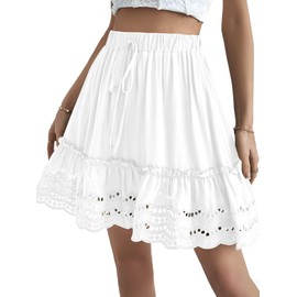 LYANER Women's Elastic Waist Contrast Lace Knot Scallop Hem Swing A-line Mini Skirt White Medium