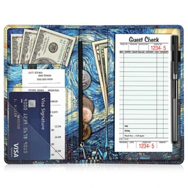 Server Book Organizer with Zipper Pocket, Fintie PU Leather Restaurant Guest Check Presenters Card Holder for Waitress, Waiter, Bartender (Starry Night)