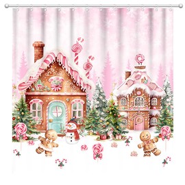 Fitumiw Christmas Pink Gingerbread House Shower Curtain 72" x 72" Pink Candy House Home Bathroom Decorations Snowy Winter Christmas Trees Bathtub Curtain Set with 12 Hooks