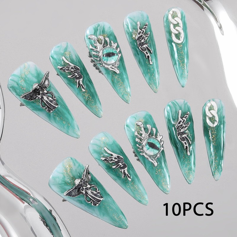 Sethexy Long Stiletto Handmade False Nails Green Shiny False Nails