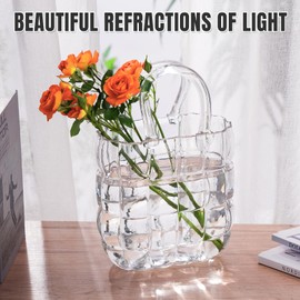 NiHome Glass Purse Vase Clear Glass Bag Vase with Handle Handbag Shape Vase for Flowers Farmhouse Decor Handmade Wide Mouth Glass Vase for Office Home Living Room Dining Table Decor