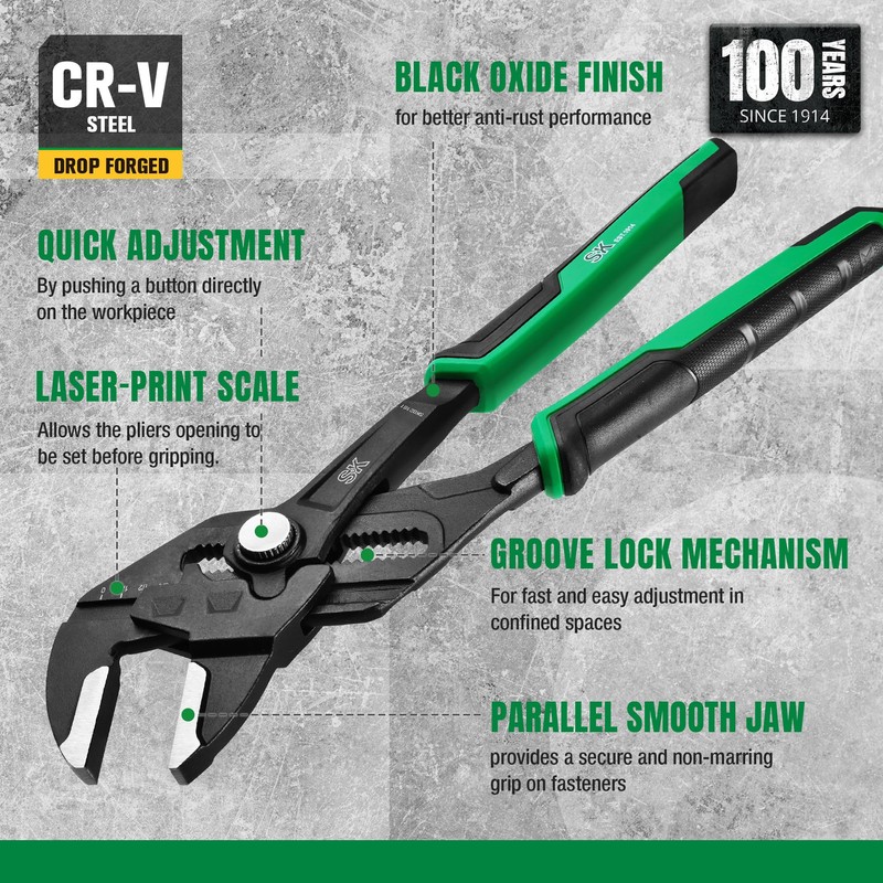 SK 12-Inch Pliers Wrench, Premium CR-V Construction, Smooth Parallel Jaws
