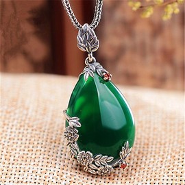 CUSIOALQQ 925 Sterling Silver Garnet Stone Pendant Necklace, Vintage Natural Green Red Jade Gemstone Necklace Pendant, Elegant Gemstone Birthstone Drop Pendant Jewelry Gift for Women