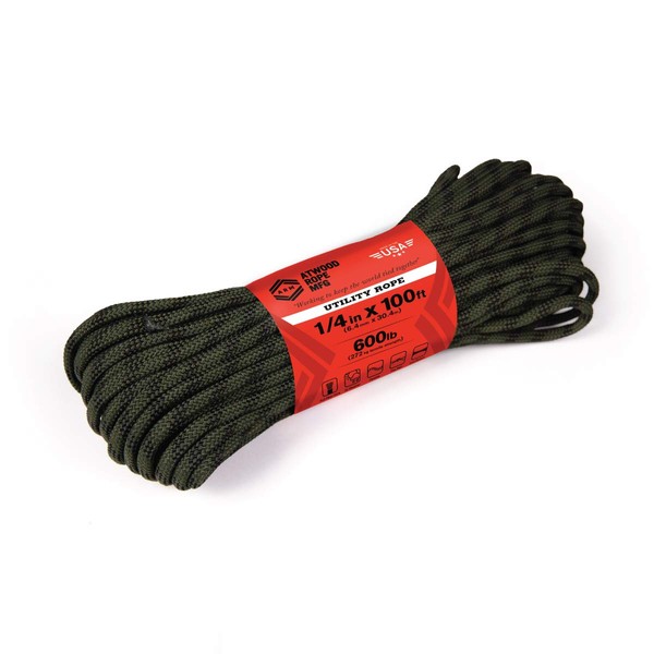 Atwood Rope MFG 1/4” inch Braided Utility Rope. Camouflage, 100ft Made in USA, Lightweight Strong Versatile Rope for Camping, Survival, DIY, Knot Tying