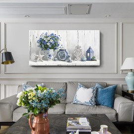 Nicetop Large Coastal Wall Art – Blue and White Floral Artwork, Rustic Farmhouse Canvas Prints with Flowers, Lantern and Ceramics Vintage Country Cottage Picture for Living Room Bedroom Kitchen 48x24 Inch