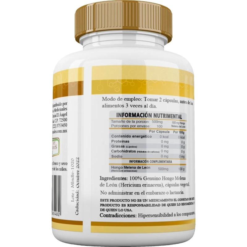 Hongo Melena De León (lions Mane)orgánic 100 Capsulas 500mg Sabor