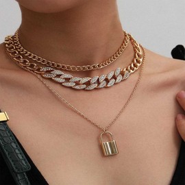 Inateannal Punk Chunky Chain Necklace Layered Cuban Link Chain Necklace Delicate Lock Pendant Necklace Miami Iced Chain Necklace Choker Hip Hop Jewellery for Women Girls