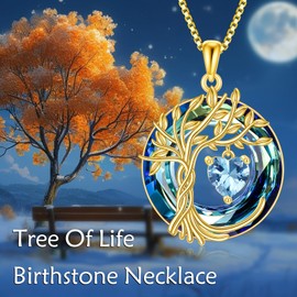 Tree of Life Birthstone Necklace for Women 925 Sterling Silver Tree of Life Jewelry Aquamarine Pendant March Birthstone Gemstone with Crystal Anniversary Birthday Christmas Gifts for Mother Women