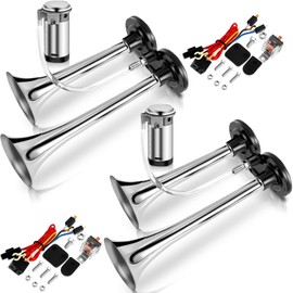 2 Pack 12V 150 dB Loud Air Horn Kit for Truck Boats Car with Air Compressor and Wire Harness Electric Train Horn Chrome Zinc Dual Trumpet Air Horns for Any 12V Vehicles(Silver)