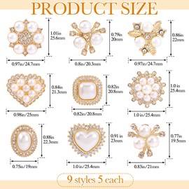 HINZIC 45pcs Rhinestone Pearl Buttons, 9 Styles Flat Back Faux Pearl Button