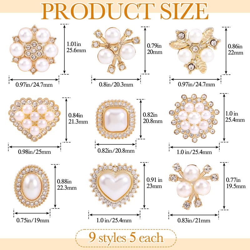HINZIC 45pcs Rhinestone Pearl Buttons, 9 Styles Flat Back Faux