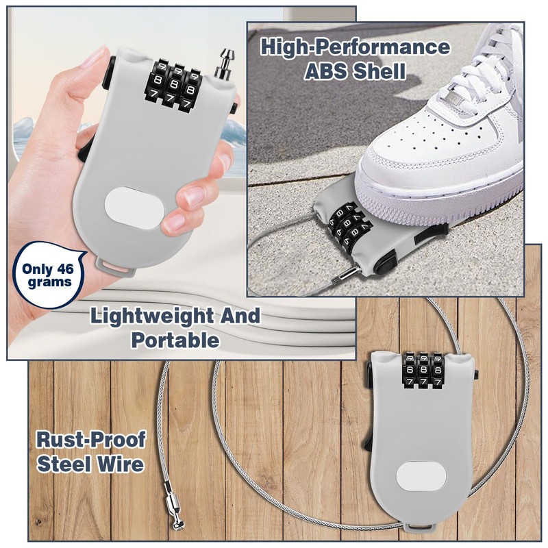 Pack of 2 Cable Lock, Retractable Cable Lock Combination Lock