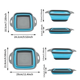 2 PCS Collapsible Colander, Collapsible Strainers for Kitchen, 11.5 inch Silicone Strainer and 9.5 inch Silicone Colander for Draining Vegetable fruit, Kitchen Food Strainer, Blue