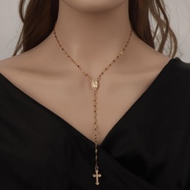 MOTIBACK 18K Gold Plated Virgin Mary Rosary Bead Cross Necklace - Gold Rosary with Long Cross Pendant