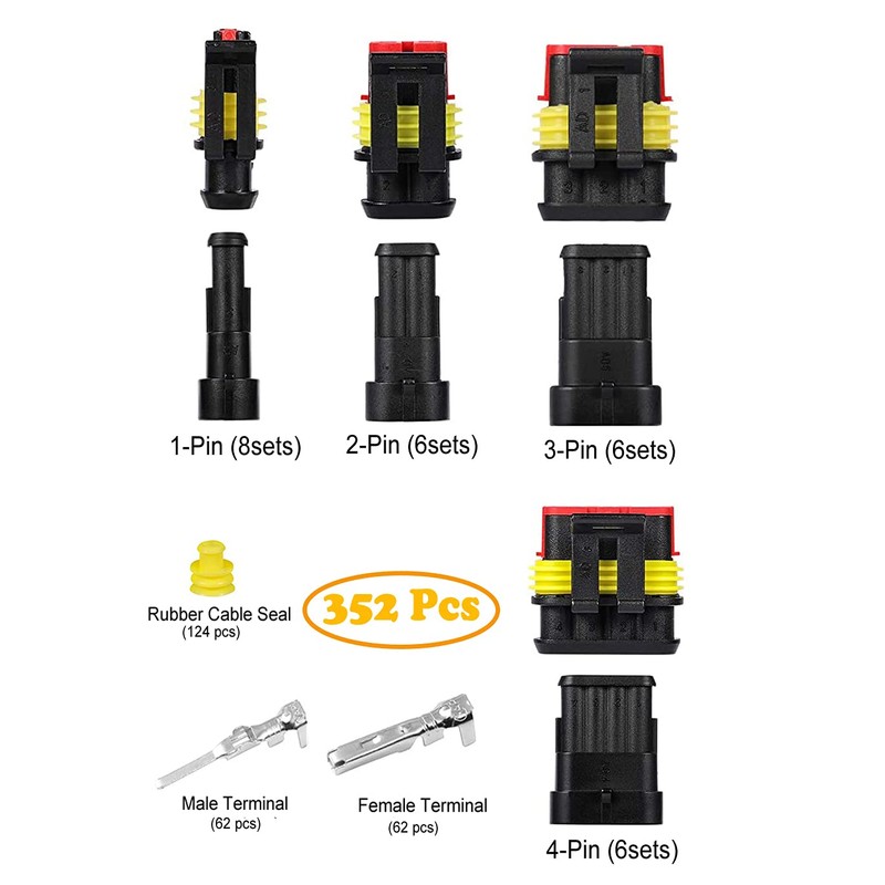 Twippo 352Pcs Waterproof Electrical Connector Terminals Automotive Electrical Wire Connectors