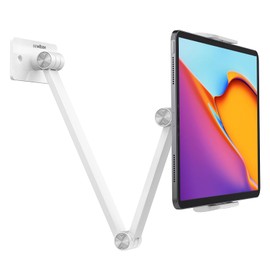 BEWISER Adjustable Tablet Wall Mount Holder, Swivel 360 Rotating, Compatible with 4.7-12.9 inch Devices, High-Grade Aluminium Alloy, White