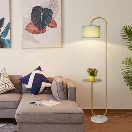 Hsyile KU300272 Arc Floor Lamp with Hanging Drum Shade for Living Room-Marble Base Modern Tall Stand Up Light with Table, Contemporary Over The Couch Gold Lamp Standing Lamps for Bedroom Office