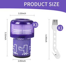 3 for Dyson v12 Detect Slim Absolute Filter, Plus 1 Brush with Hook, for Dyson v12 Filter, for Dyson Filter v12, for Dyson v12 Slim Filter, Washable Replacement HEPA Filter Accessories, Replaces