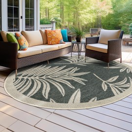 Rugshop Leaf Design for Patio Rugs,Deck Rugs,Balcony Rugs Indoor/Outdoor Round Rug 8' Blue