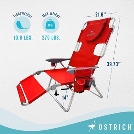 Ostrich Backpack 3N1 Chair - with Cooler Bag, Portable, Reclining Lounger for Tanning - Face Hole for Reading on Stomach, Aluminum (Red)