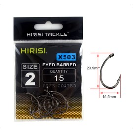 Hirisi X503 Fishing Hooks Size 2 with Barbed Hooks Carp Hook with Eyelet for Carp Fishing, Carbon Steel, Boilie Hooks, Seated Fishing, Various Sizes, Pack of 15