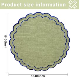 Lyssiatina Linen Cotton Placemats Set of 4 Scalloped Flower Embroidery Place Mats 15'' Natural Linen Texture Fabric Machine Washable Table Mats for Restaurant Kitchen,Table Decor(Matcha Green)
